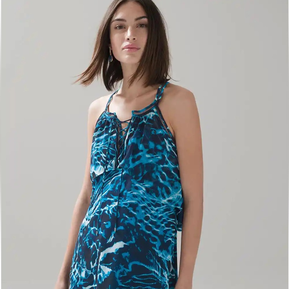 White House Black Market blue ruffle tank top with laces that tie at neck line - Picture 2 of 16